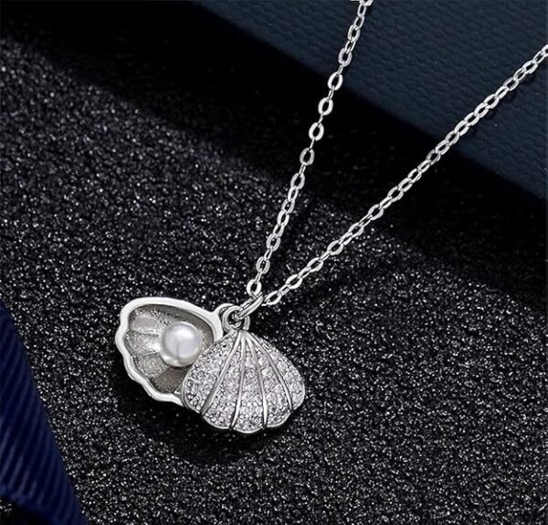 Silver Color Valentine's Day Crystal AD Diamond/Nug Engraved Stone Moti Pearl Beads Sea Shell Pendant Locket Necklace With Clavicle Chain For Girl's & Women's